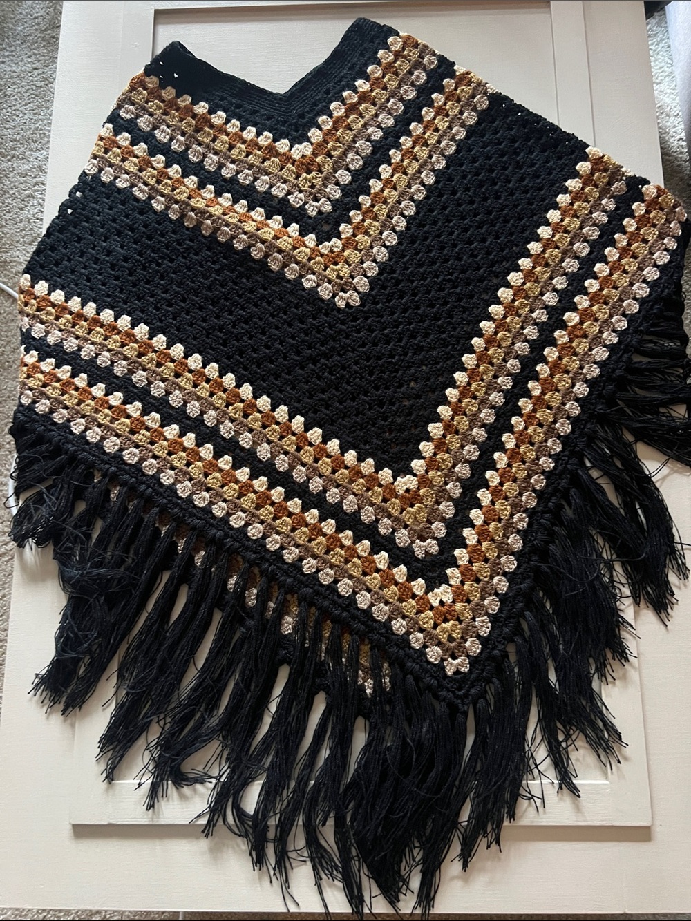 Hand Crafted Black Crochet Poncho with Brown & Cream Stripes